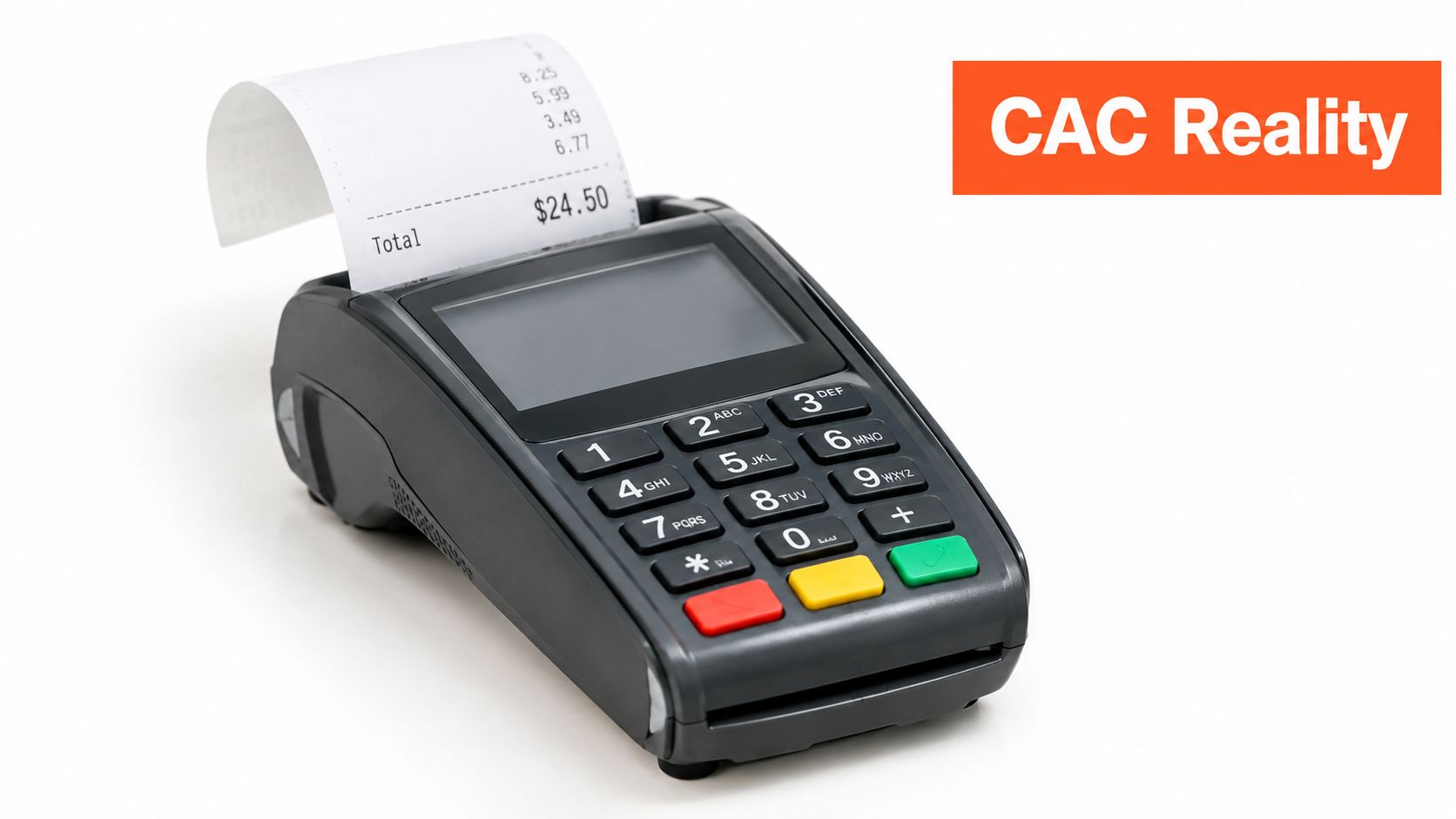 A modern black credit card machine with a printed receipt showing a total cost on white background.