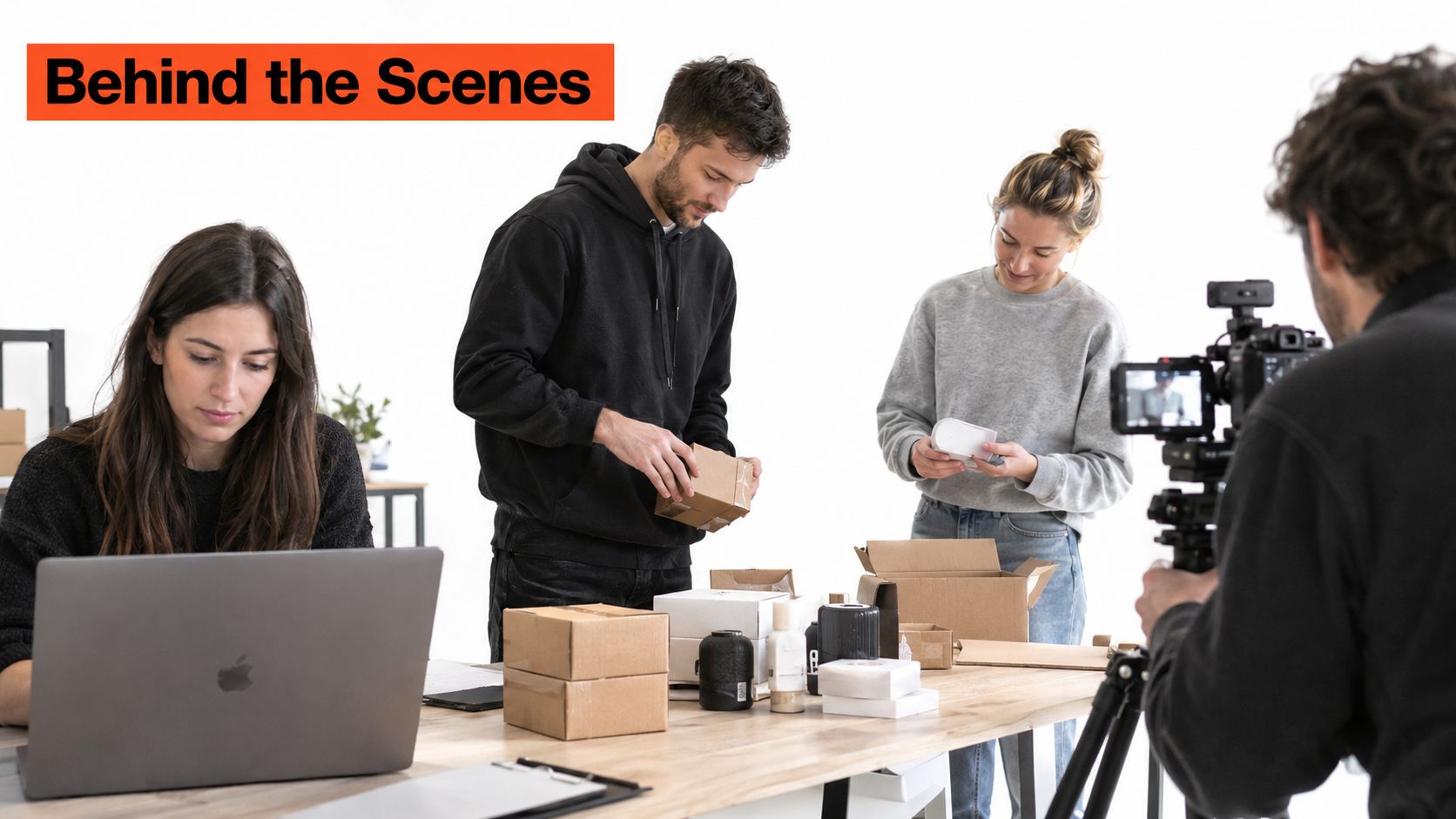 A diverse creative team working in a bright studio while being filmed for behind-the-scenes content.