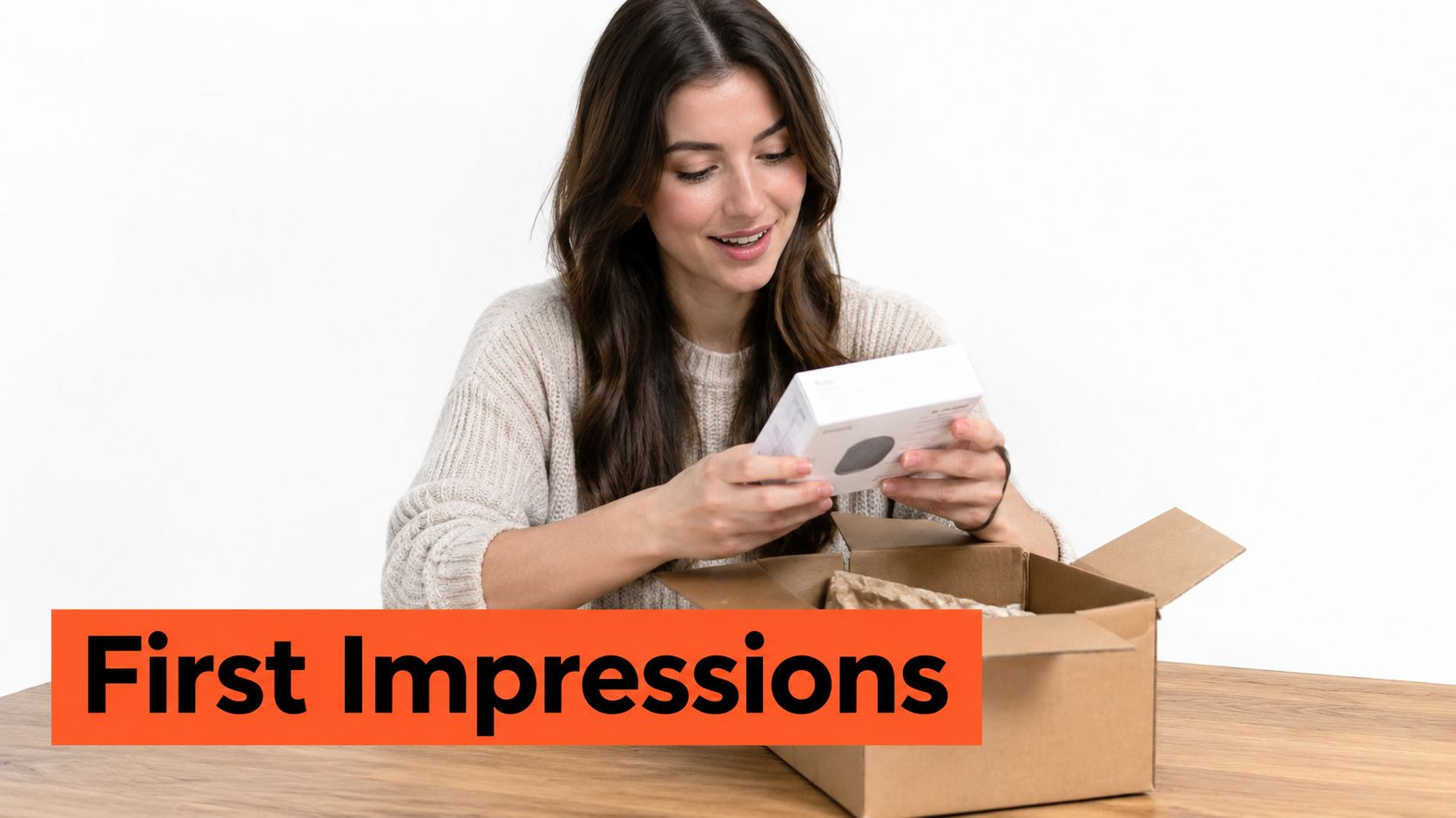 A woman smiling while looking at a small electronic product box she just removed from a cardboard package.