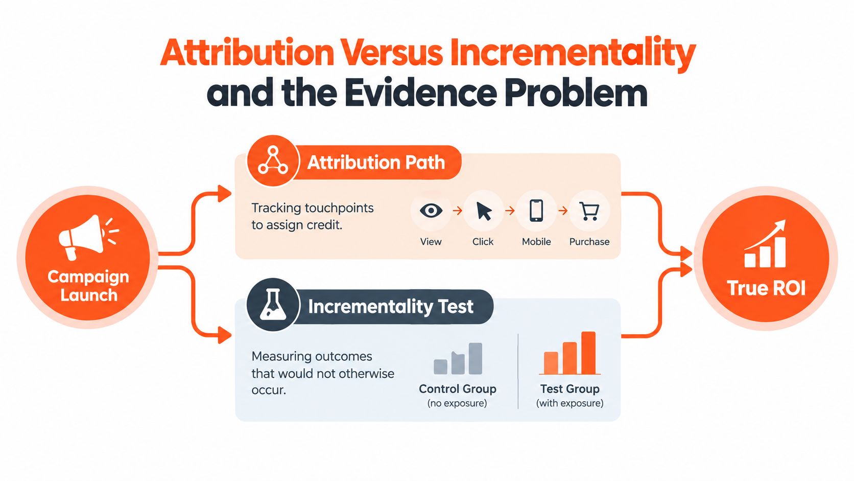 A diagram comparing marketing attribution paths and incrementality testing to determine a campaign's true return on investment.