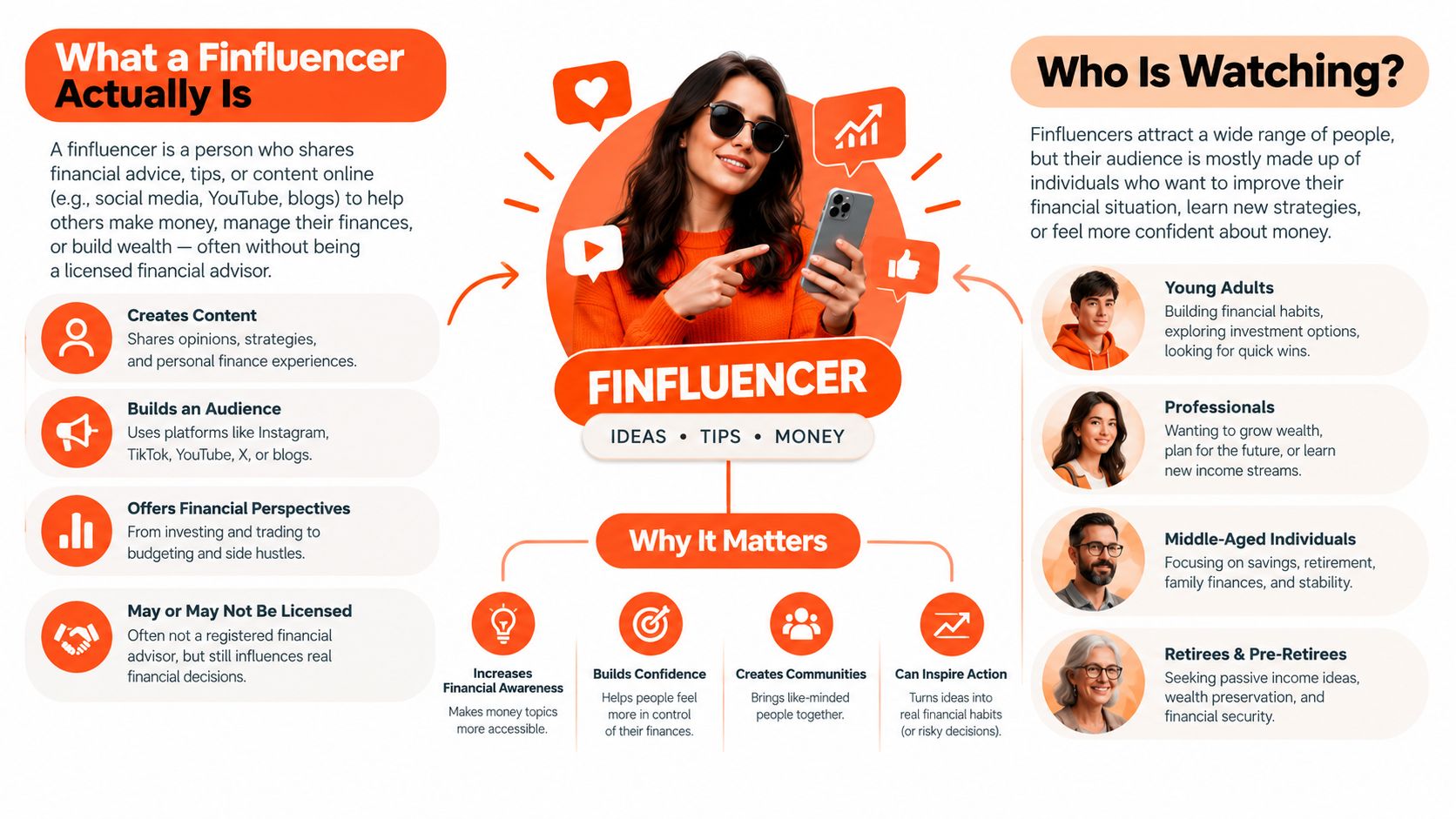 An infographic explaining what a finfluencer is, why they matter, and who their diverse audience is.