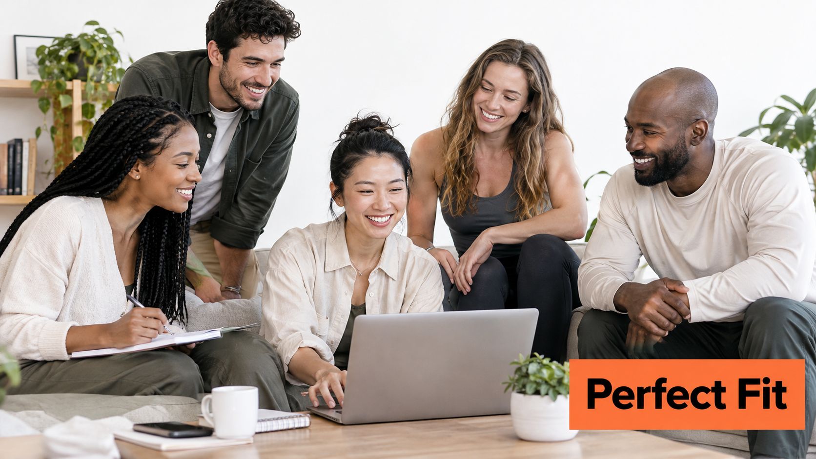 A diverse group of four young professionals collaborating and smiling while working together on a laptop.