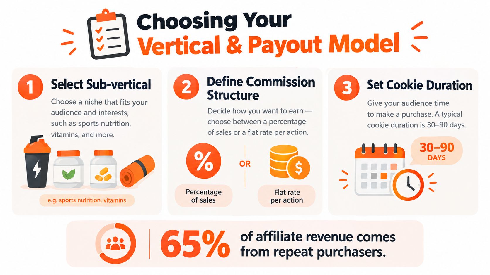 A guide on choosing a vertical and payout model for a supplement affiliate program with three steps.
