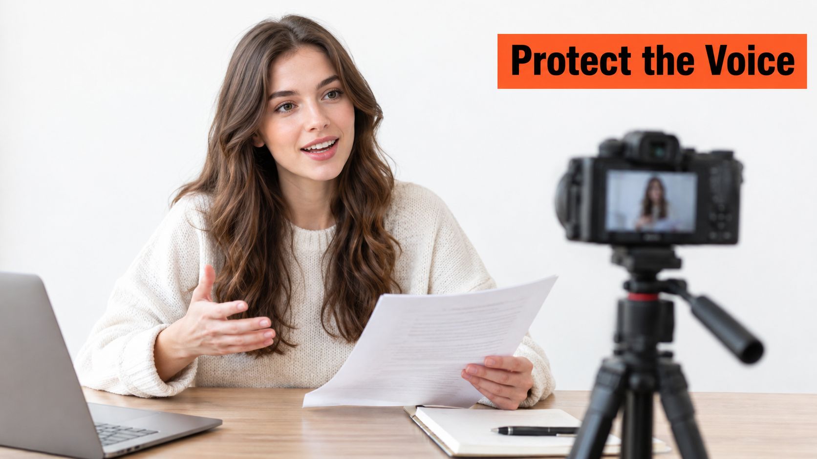 A female content creator recording a video for her channel while holding a script in her hands.