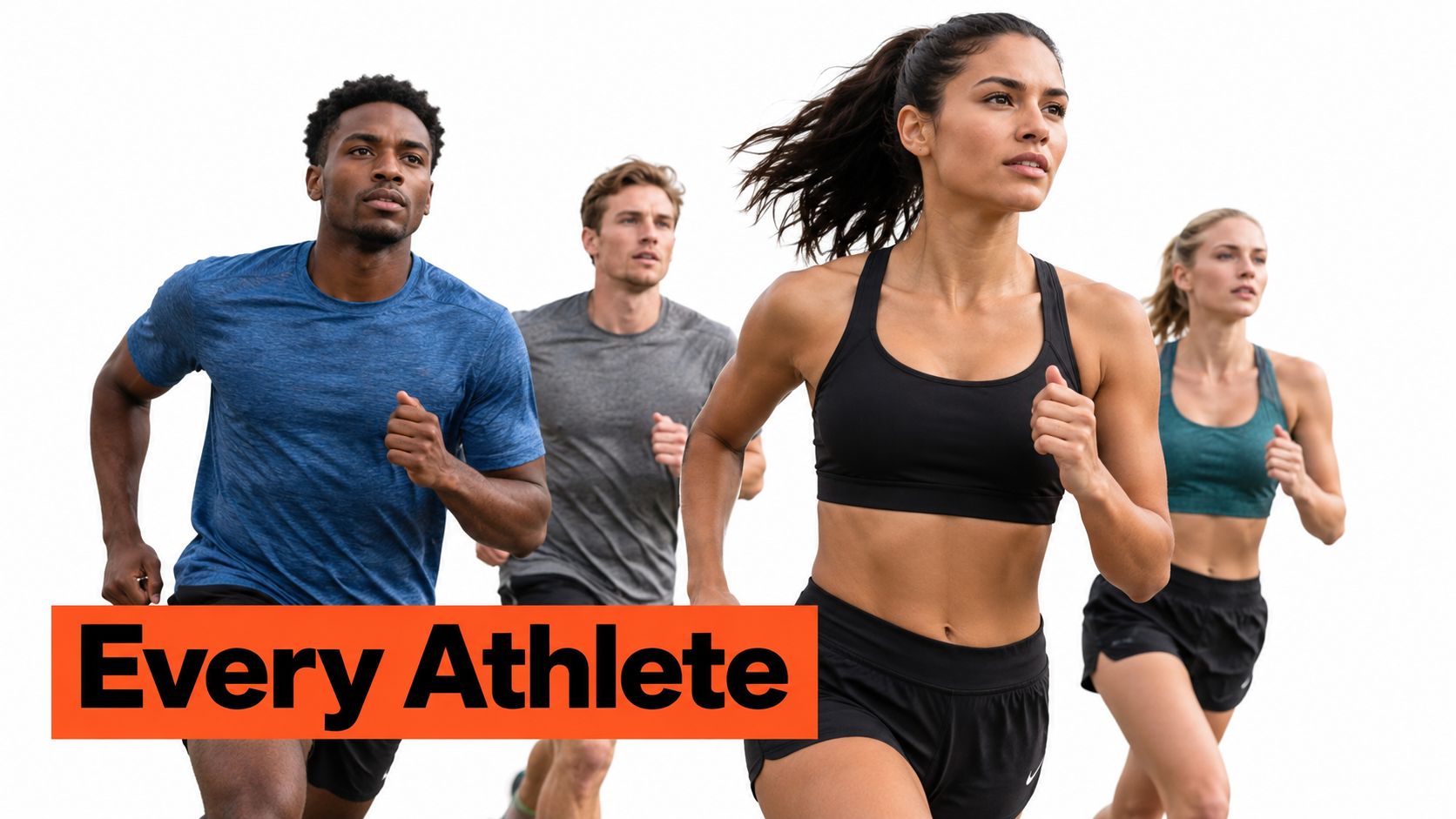 A diverse group of four athletes running together towards the camera on a plain white background.