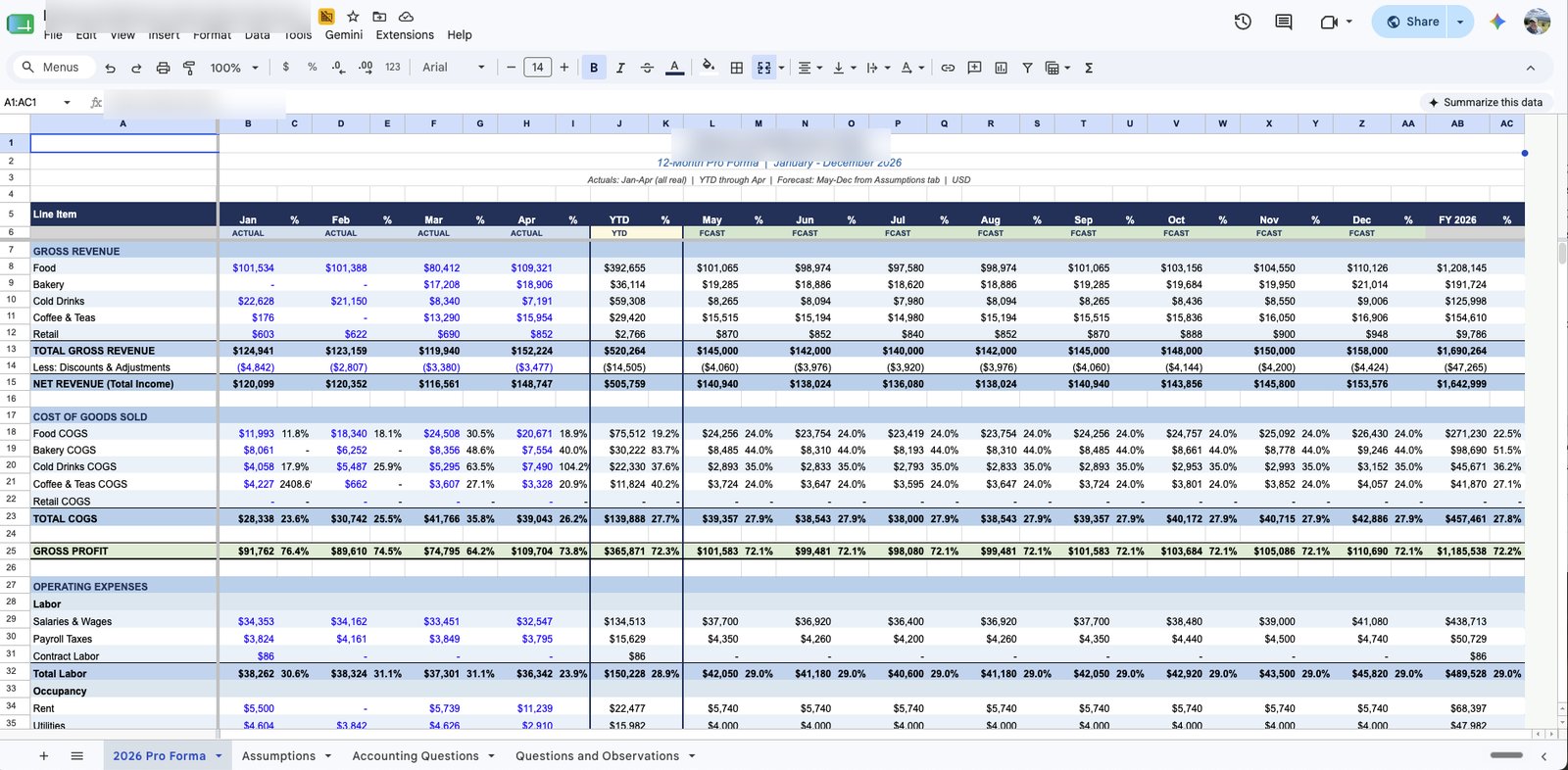 Full 12-month pro forma with year-to-date totals