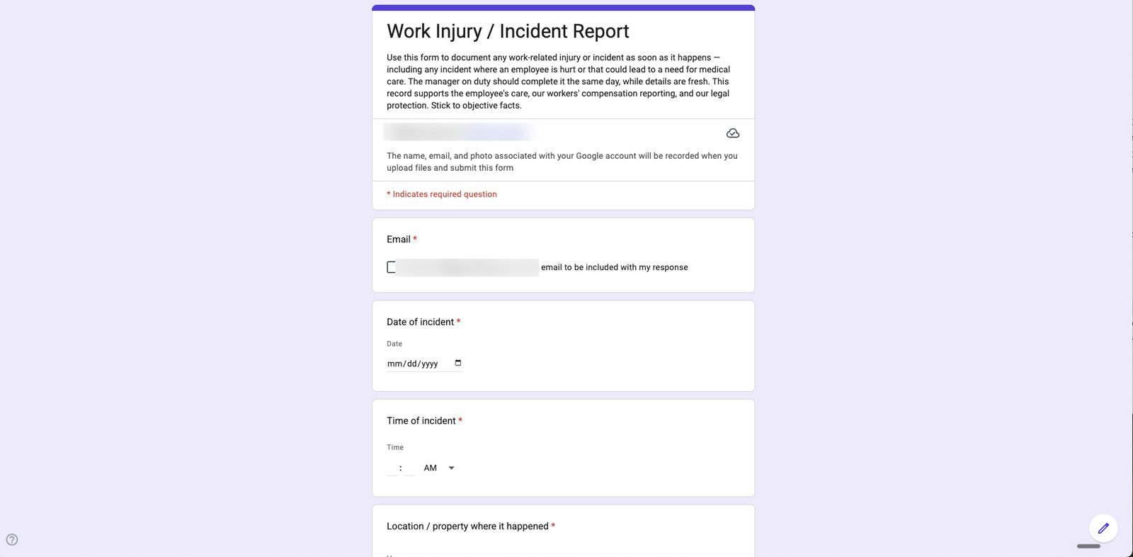 Work injury and incident report form