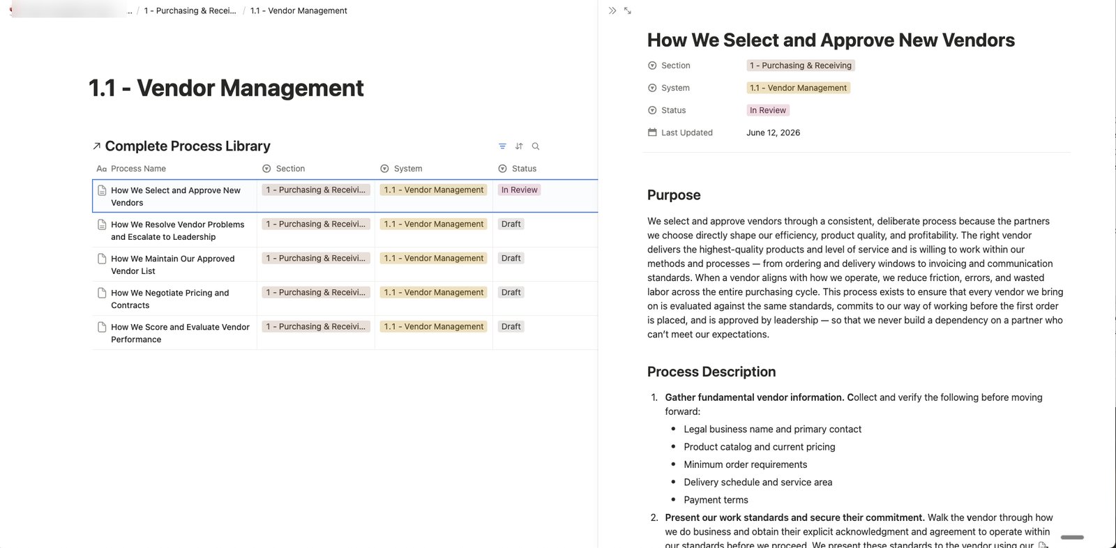 Vendor management system with process documents