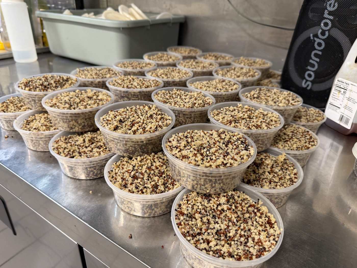 Portioned prep containers lined up on a kitchen counter