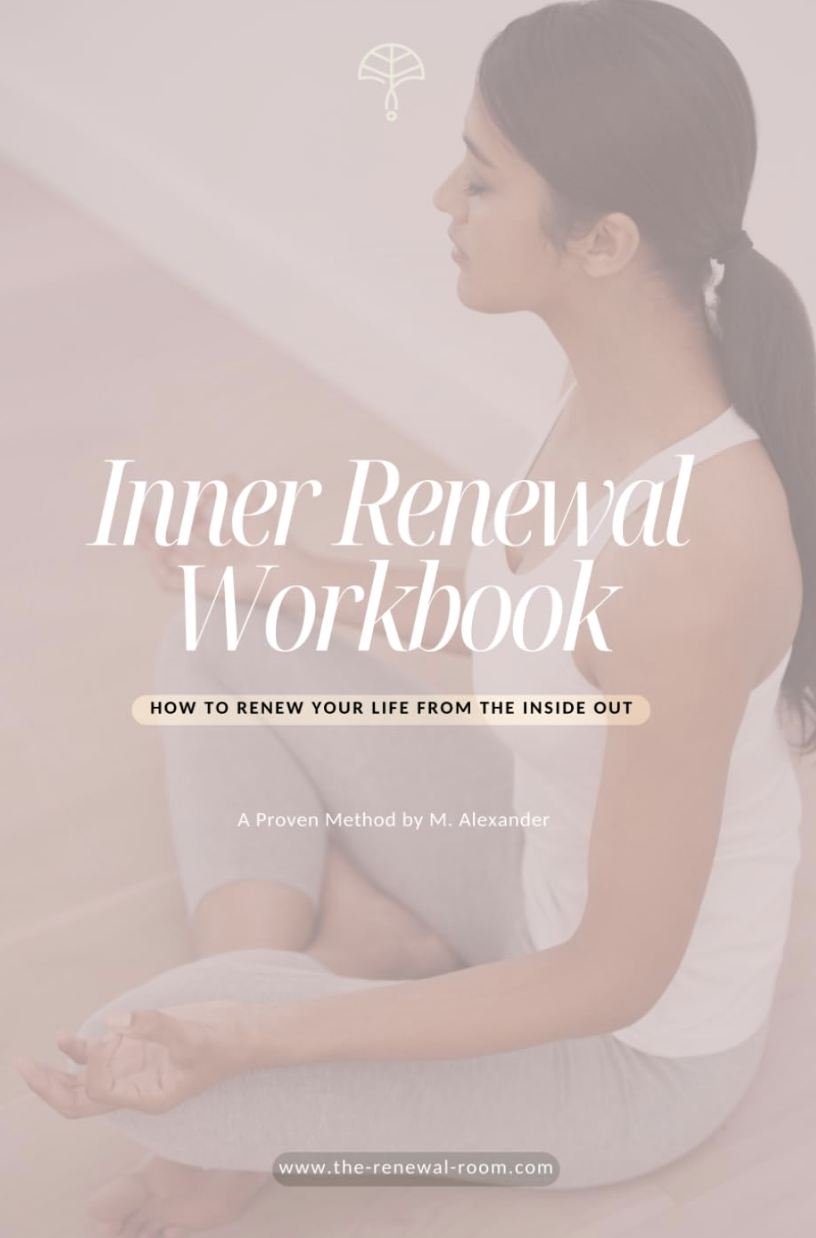 Calm woman sitting cross-legged in meditation with text overlay: Inner Renewal Workbook, how to renew your life from the inside out, a proven method by M. Alexander.