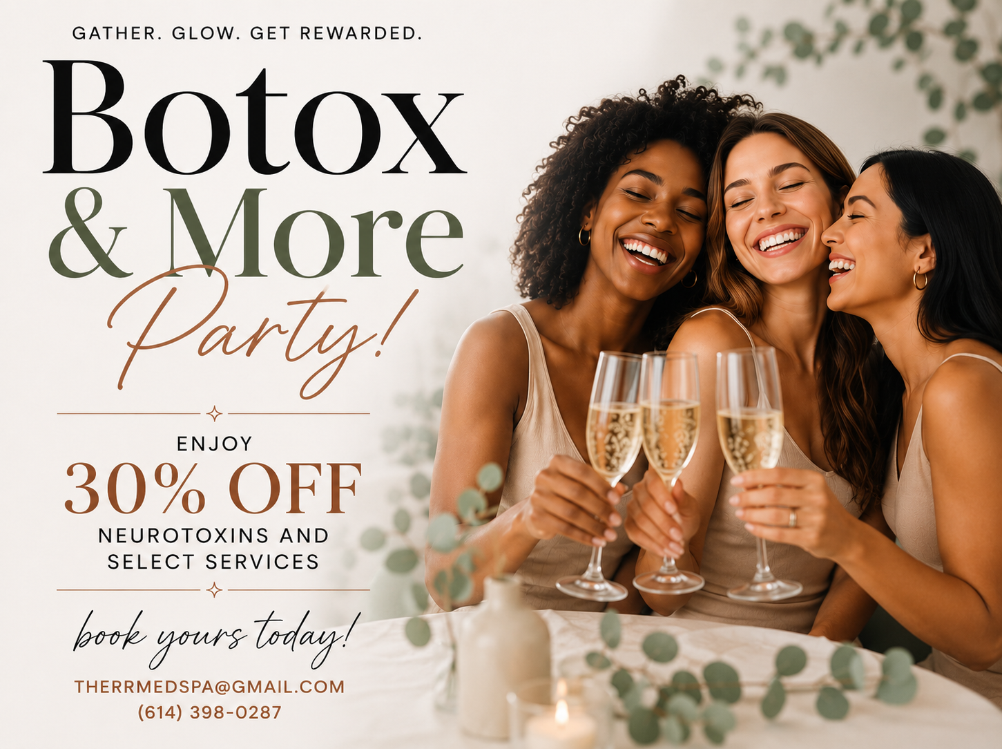 Plate with assorted cheeses, blueberries, raspberries, and corn on the cob, with text promoting a Botox Brunch offering 30% off neurotoxin services.