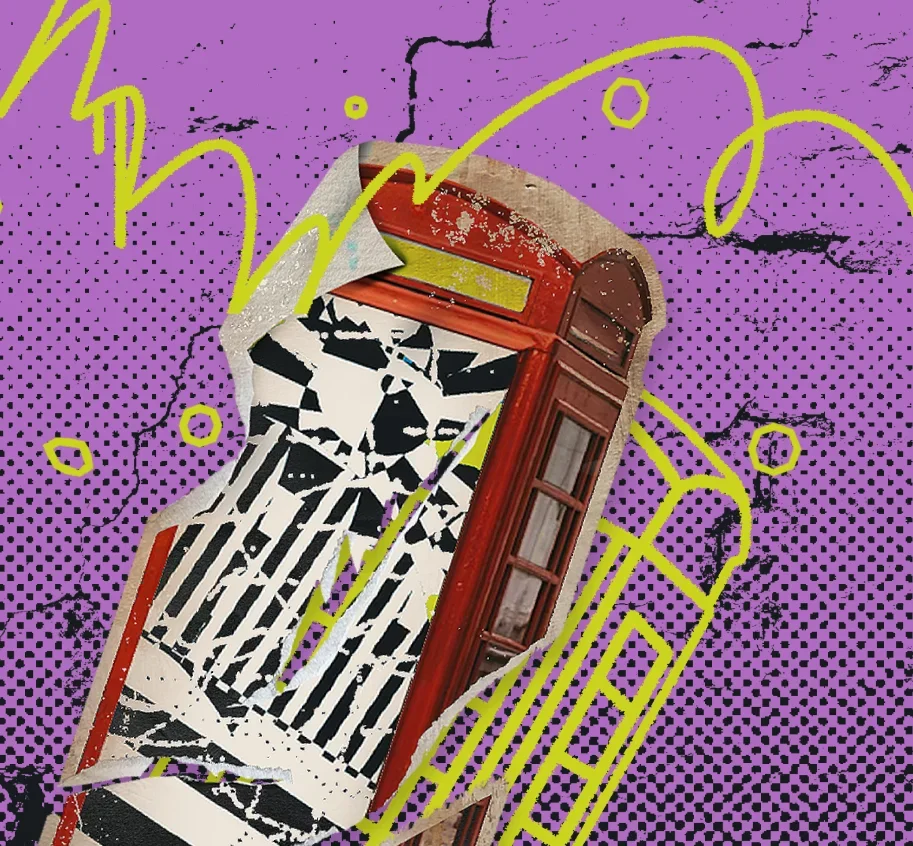 Artwork of a torn collage featuring a broken red British phone booth with a purple background and yellow doodles.
