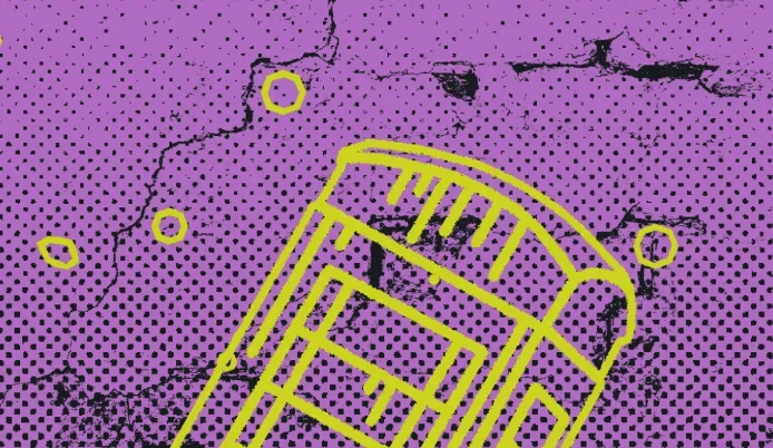 Yellow outlined vintage phone icon on a purple dotted background with black textured spots.