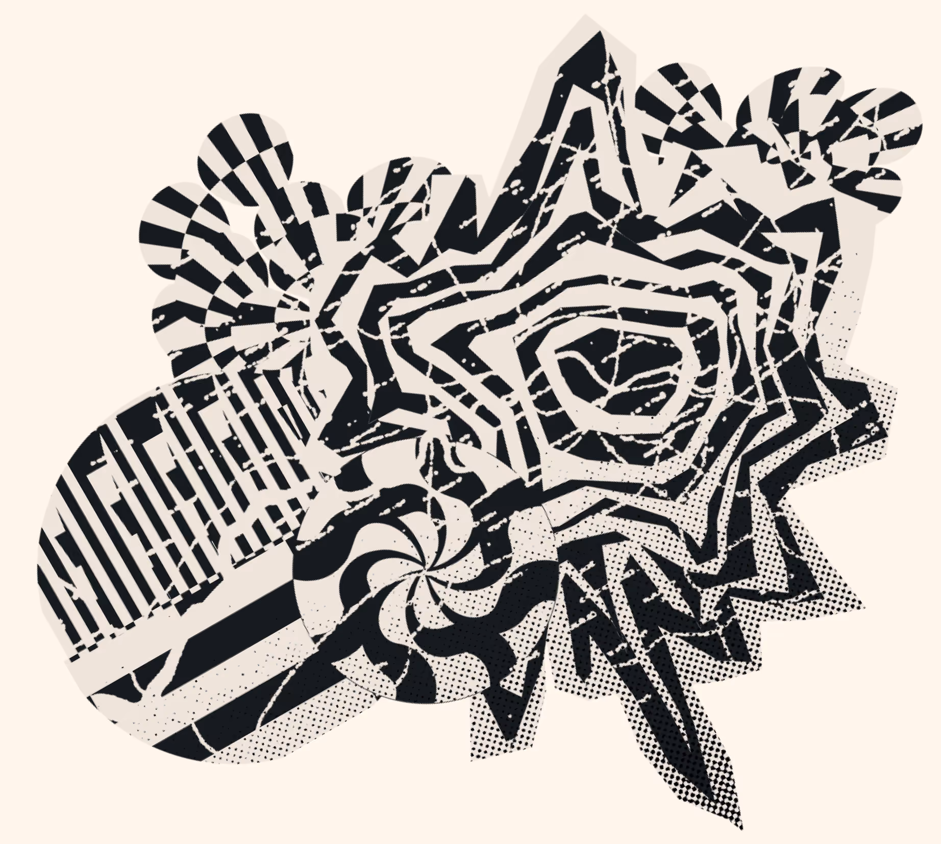 Abstract black and white geometric shapes with stripes, dots, and star-like patterns on light background.