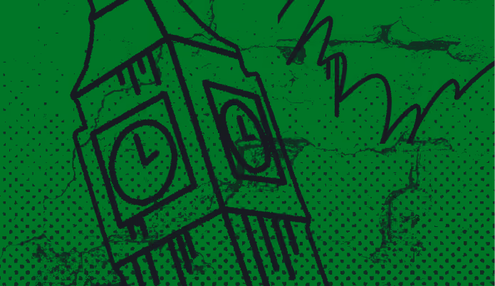 Black outline drawing of a clock tower against a green textured background.