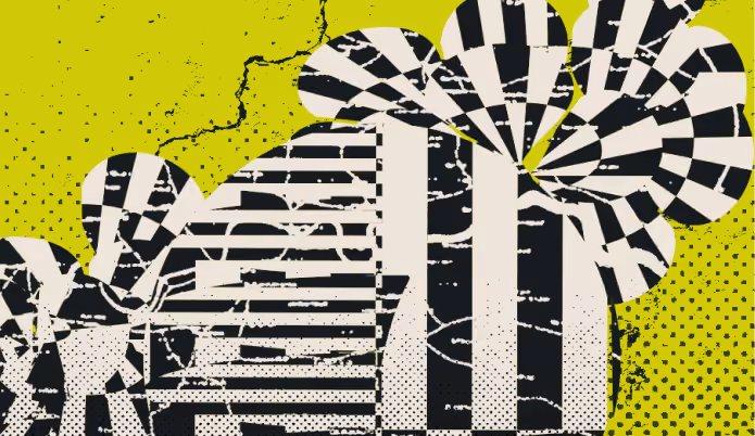 Abstract black and white striped shapes on a textured yellow-green background.