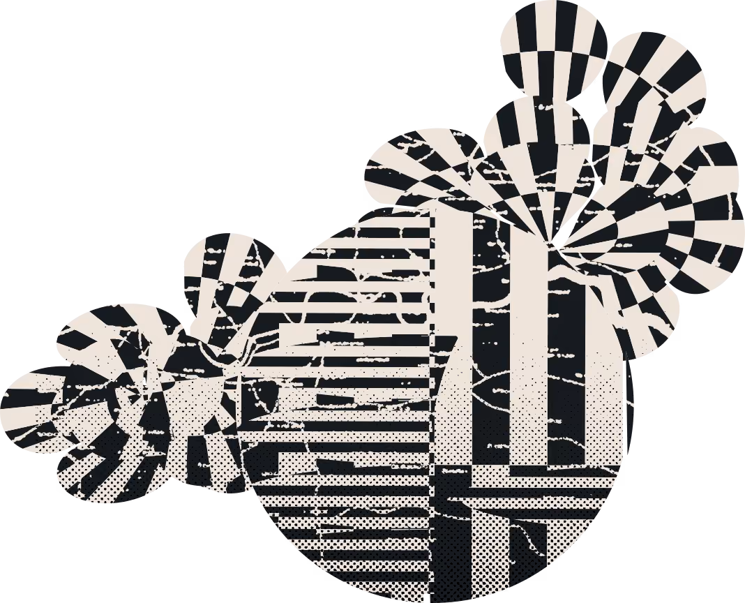 Black and white abstract circular shapes with striped and dotted patterns on a transparent background.