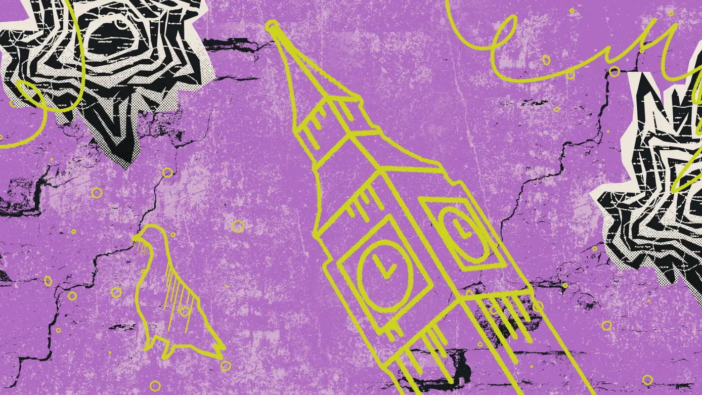 Yellow line art of Big Ben and a bird on a textured purple wall with black and white abstract shapes.