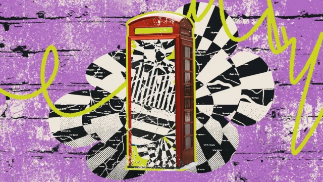 Red vintage phone booth with yellow outline against a purple background with black and white patterned shapes.