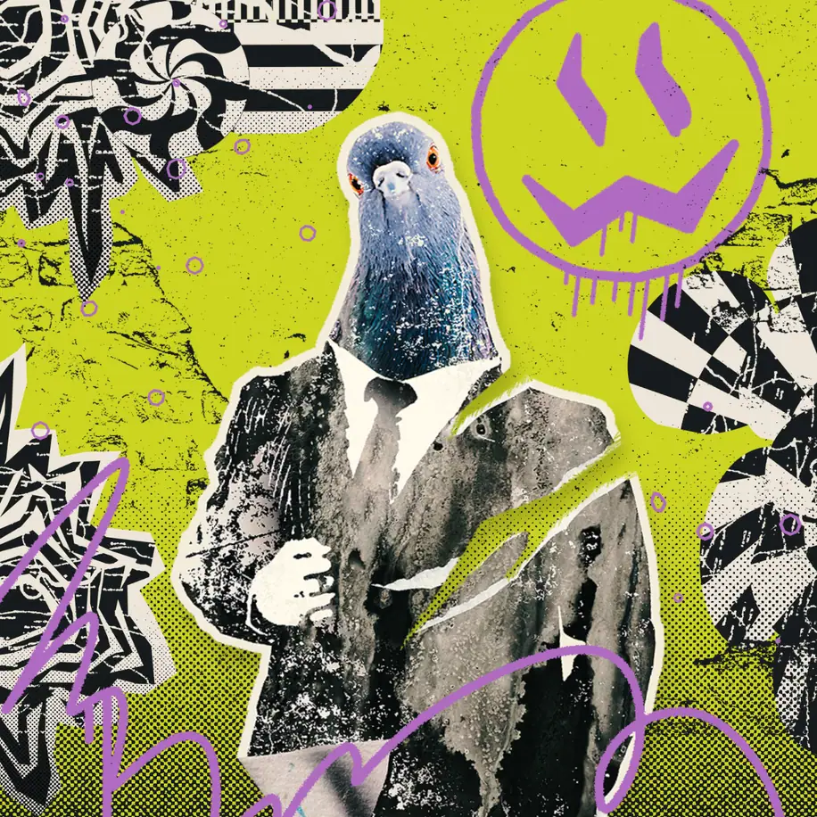 Graffiti art of a pigeon with a human body wearing a suit and tie on a bright green background.
