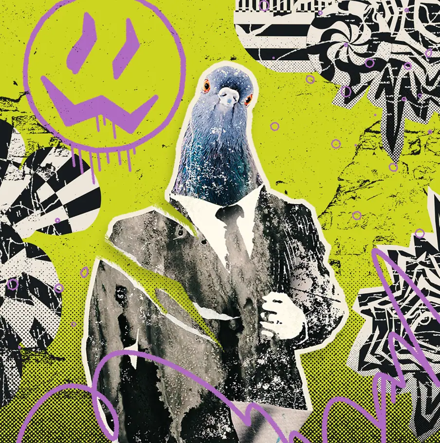 Graffiti art of a pigeon in a suit.