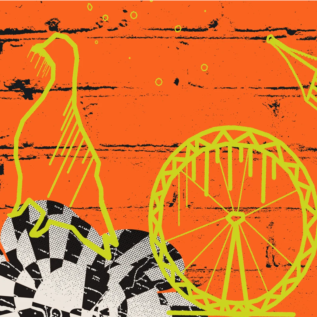 Orange background with yellow illustrated shapes.
