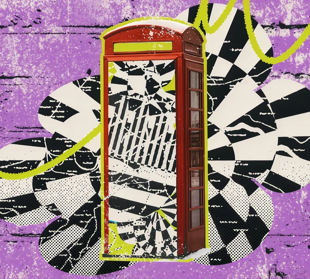 Red British phone box in graffiti art style.