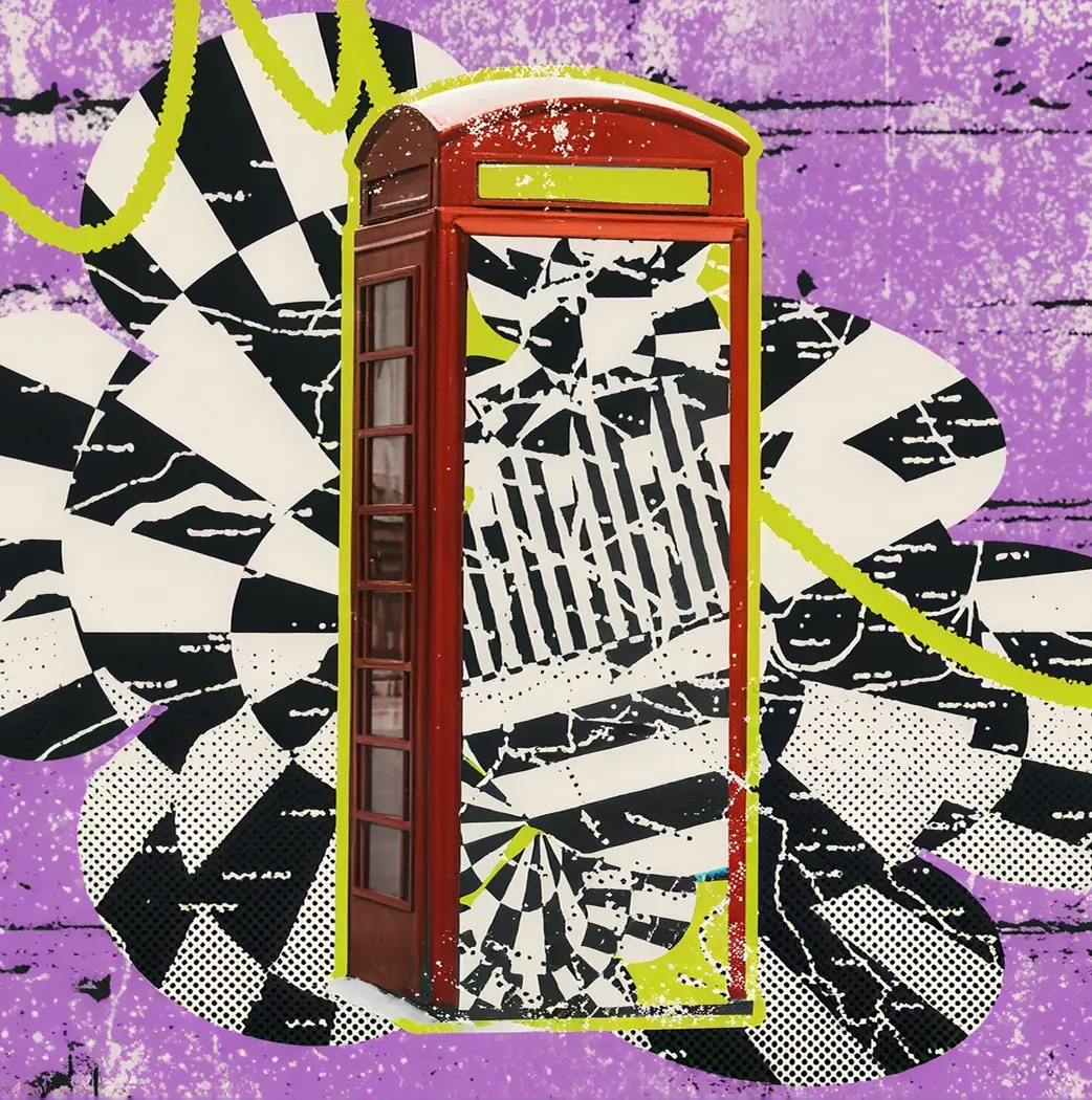 Red British phone box with artistic layered background, flipped horizontally.