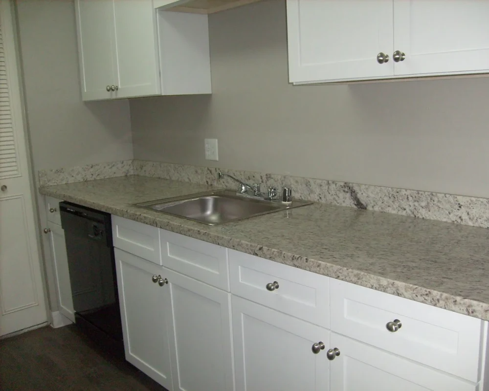 Kitchen with white cabinets and black appliances