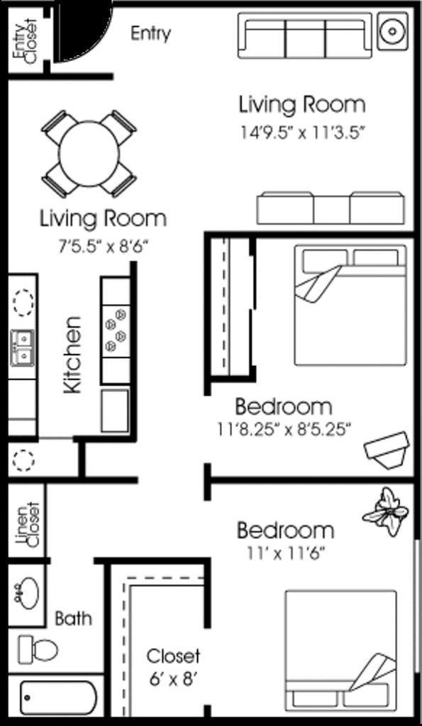 2 bedroom 1 bathroom floor plan schematic for Park Place Apartments in Roseville, CA.