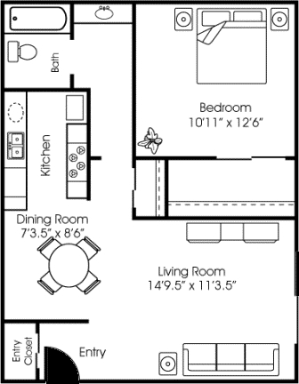 1 bedroom 1 bathroom floor plan schematic for Park Place Apartments in Roseville, CA.