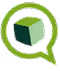 3D green and blue cube inside a green speech bubble outline on a black background.