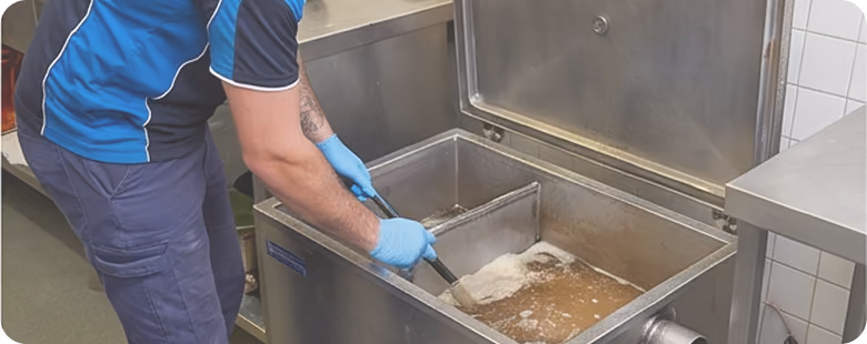 A person in blue gloves using a tool to stir or clean inside a large stainless steel industrial vat.