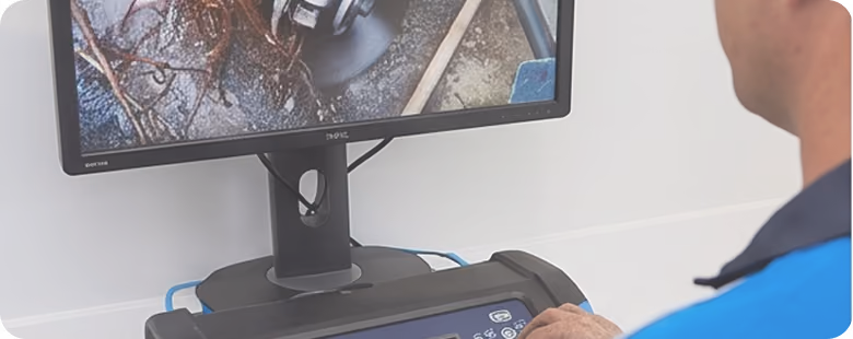Person operating a device with a monitor displaying tangled wires or debris.