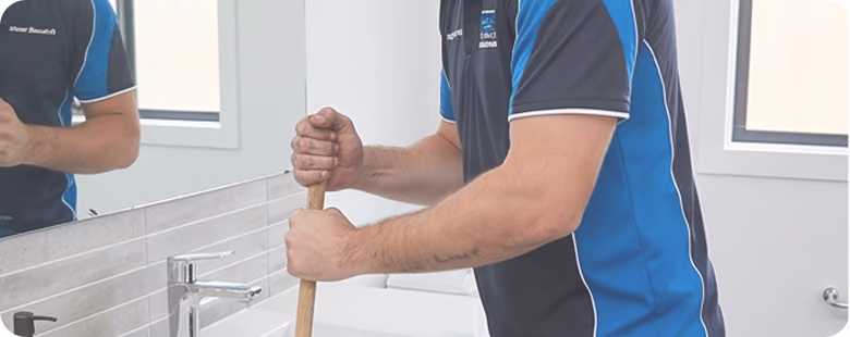 Person in blue shirt cleaning a sink using a wooden-handled brush in a bathroom.