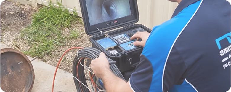 Technician operating a video inspection device showing the inside of a pipe on the screen.
