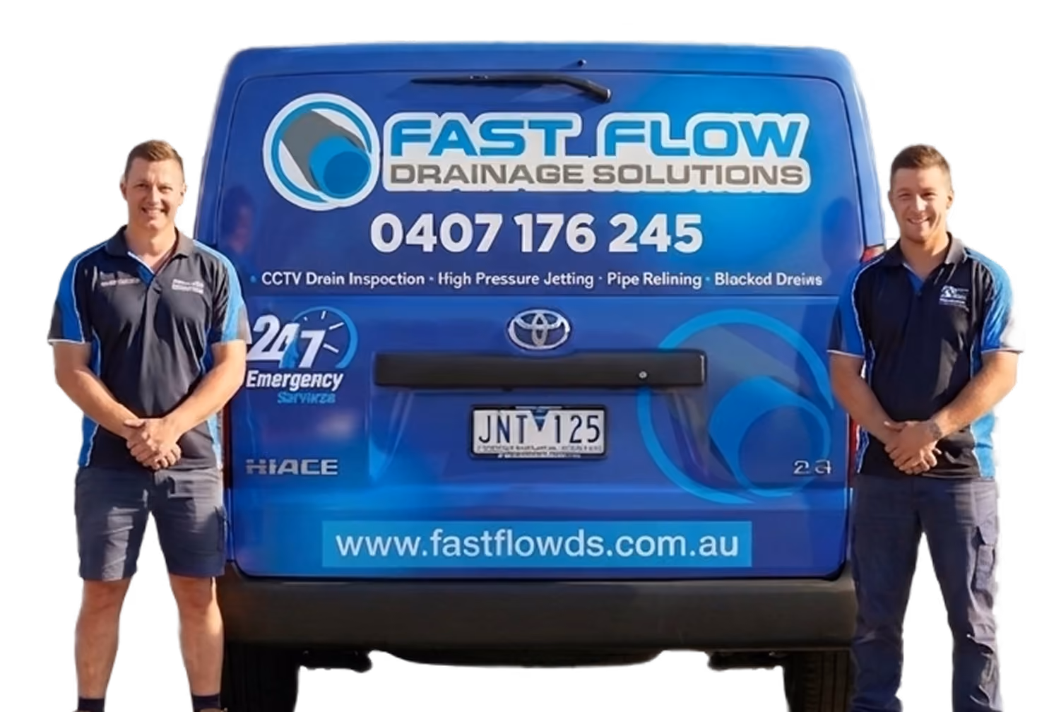 Two men standing beside a blue Fast Flow Drainage Solutions van with contact details and services listed.