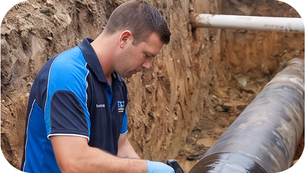 Man in blue work shirt inspecting a large pipeline in a dirt trench.