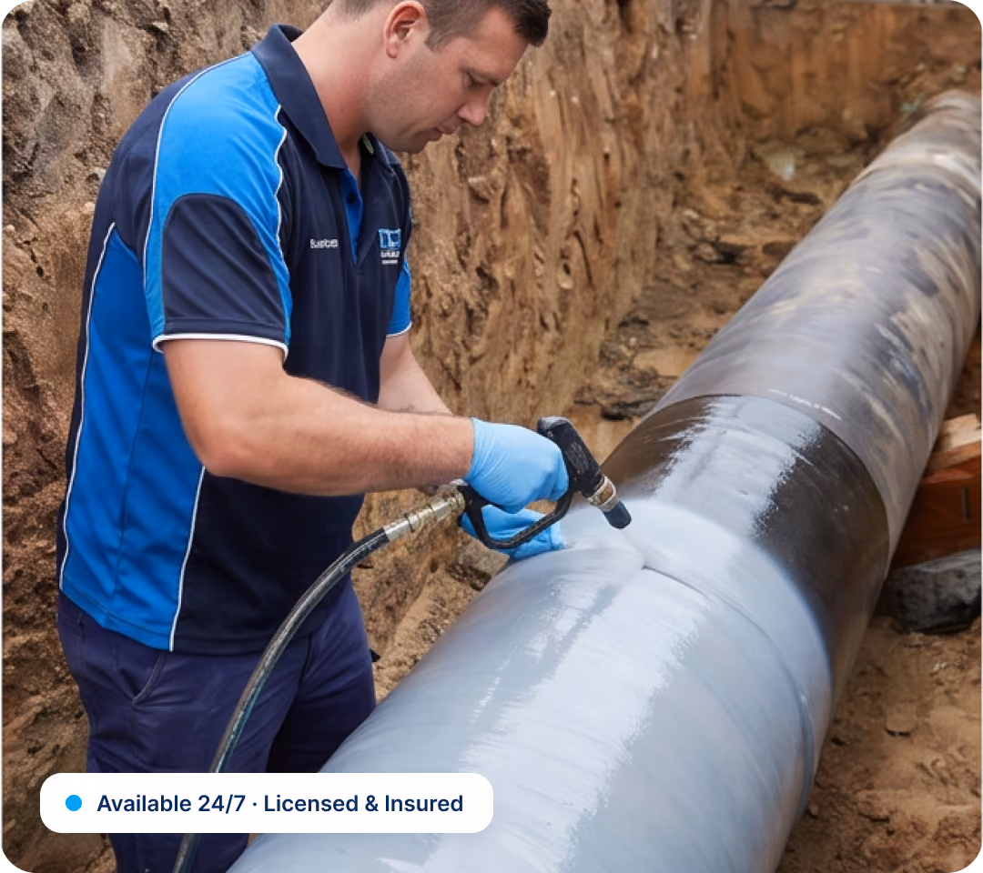Worker in blue shirt applying coating to a large outdoor pipeline in a dirt trench.