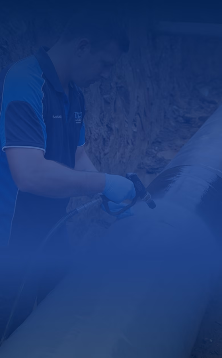 Worker in blue uses a tool on a large pipe in an outdoor trench.