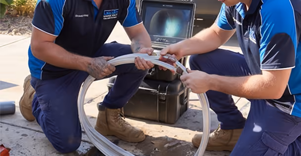 Two workers in navy blue uniforms handling flexible tubing with inspection screen in background.