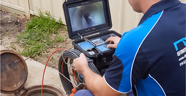 Technician using a video inspection device to check inside a sewer or pipe through an open manhole.