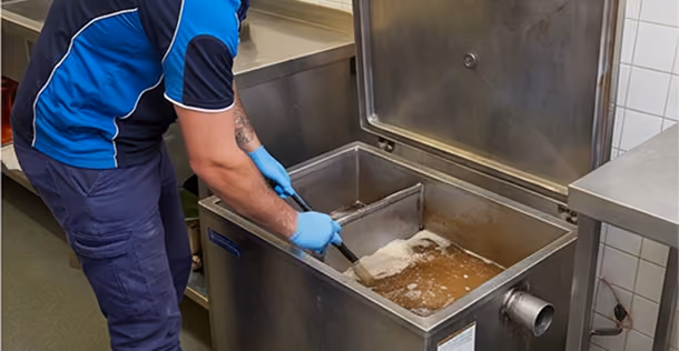 Person wearing blue gloves stirring liquid inside a large industrial metal tank in a kitchen.