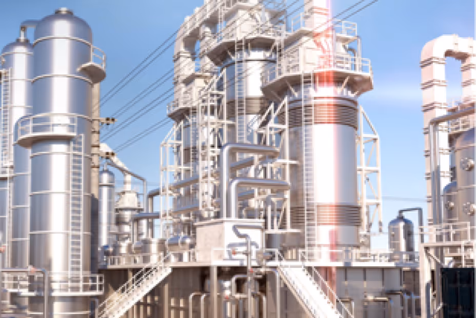 Industrielle Anlage mit großen Metalltanks, Rohren und Leitern unter klarem Himmel.