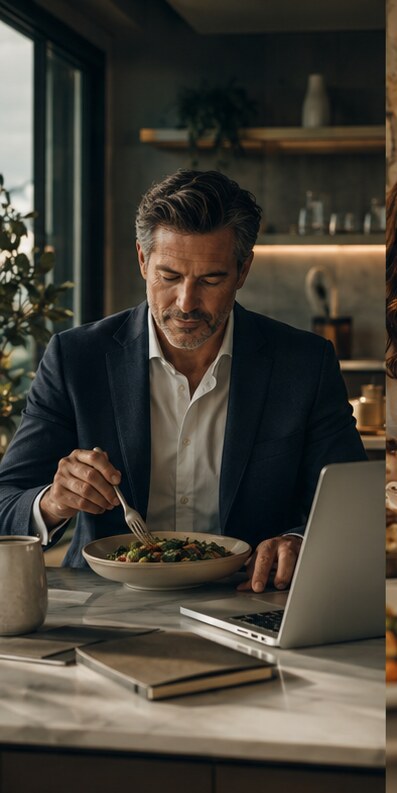 Executive enjoying a chef-prepared meal at his kitchen counter while working