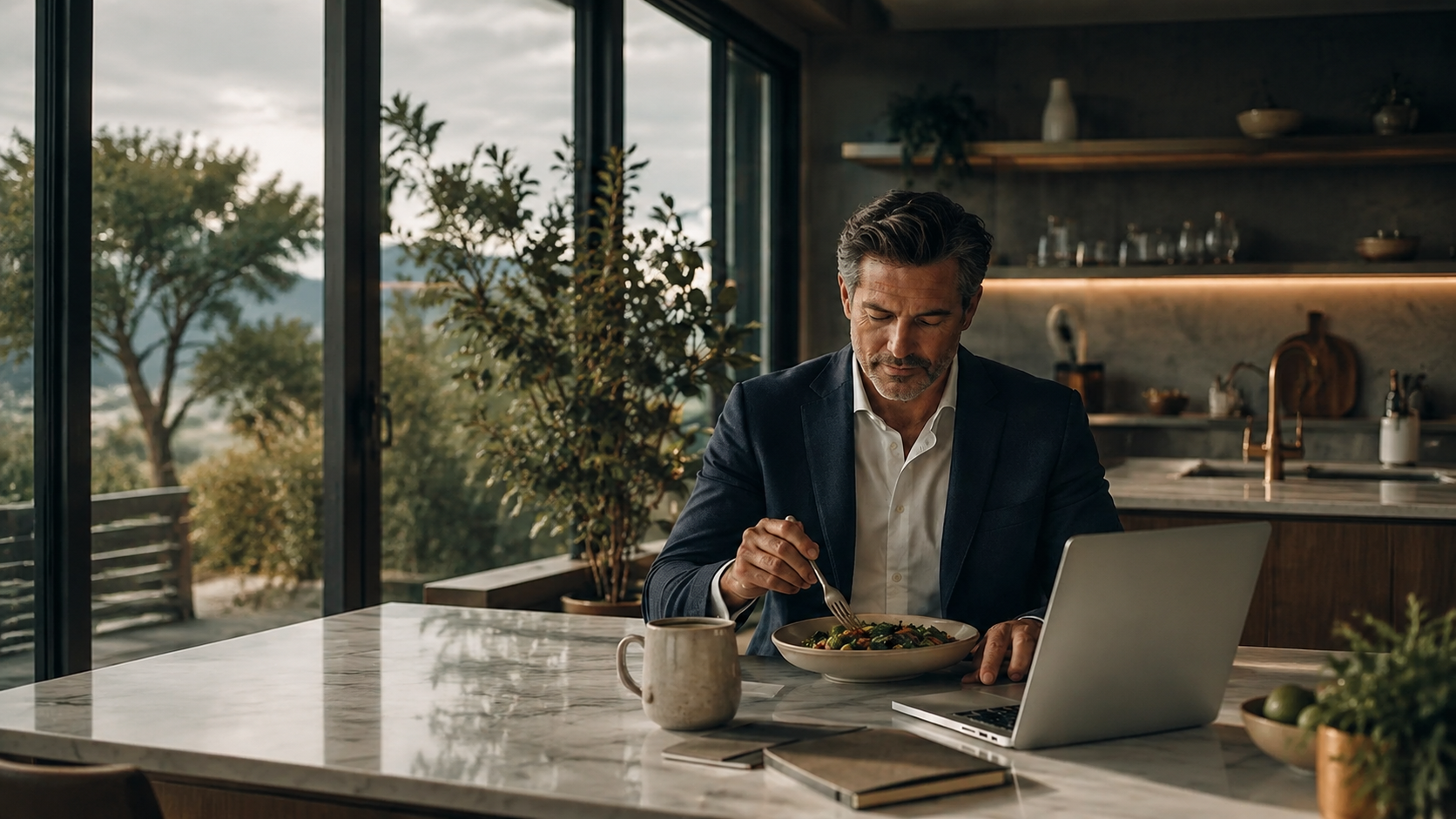Executive enjoying a chef-prepared meal while working at home