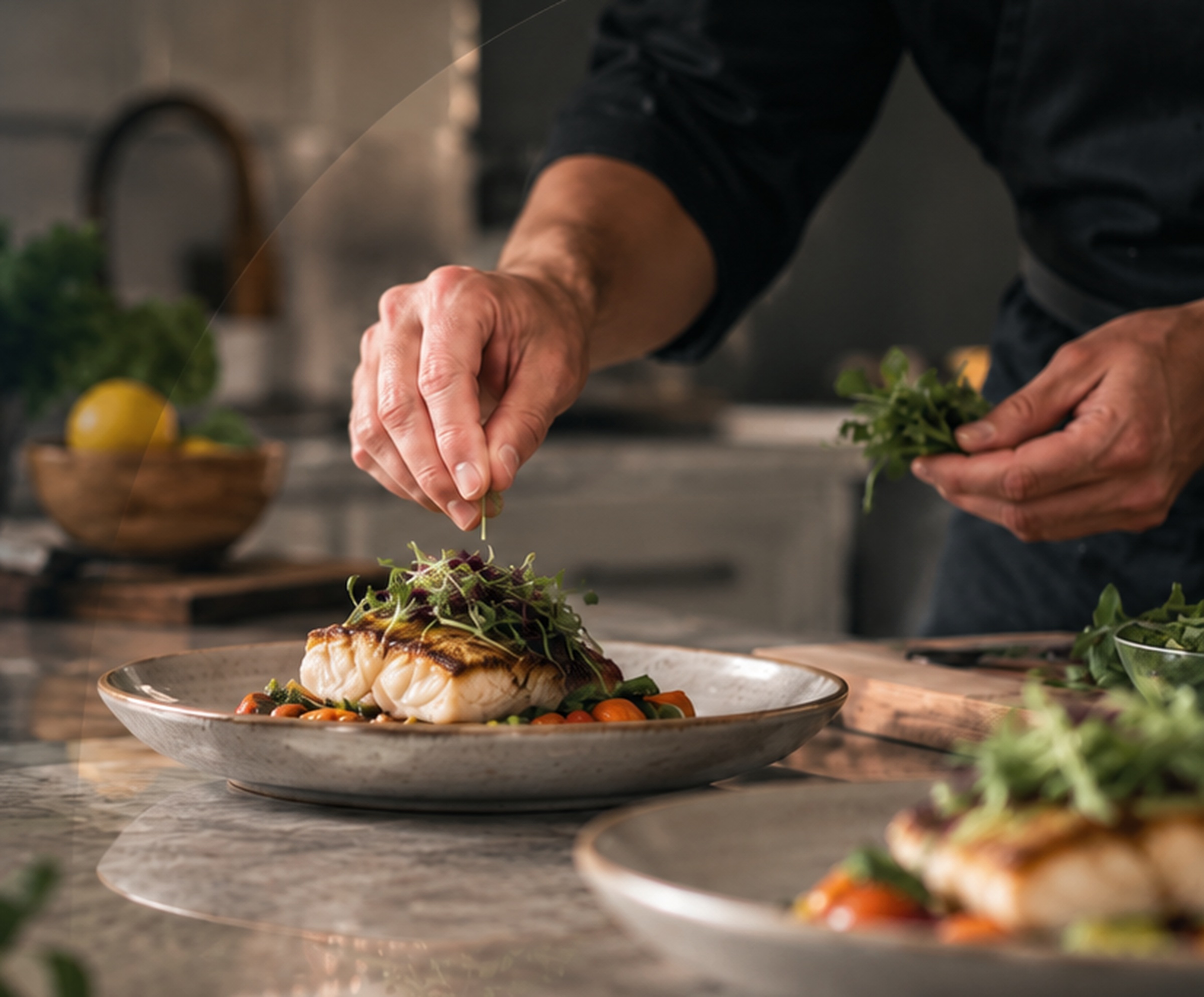 A private chef garnishing plated fish in a St. Louis home
