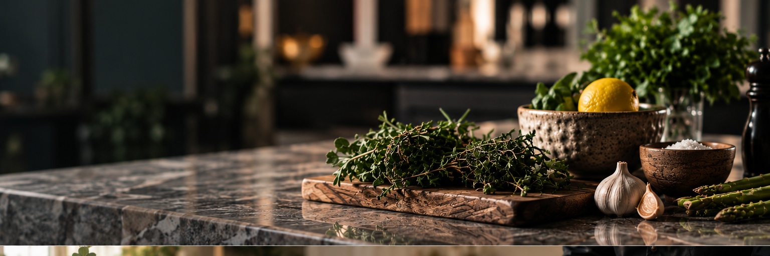 Fresh herbs, lemon and garlic on a marble counter