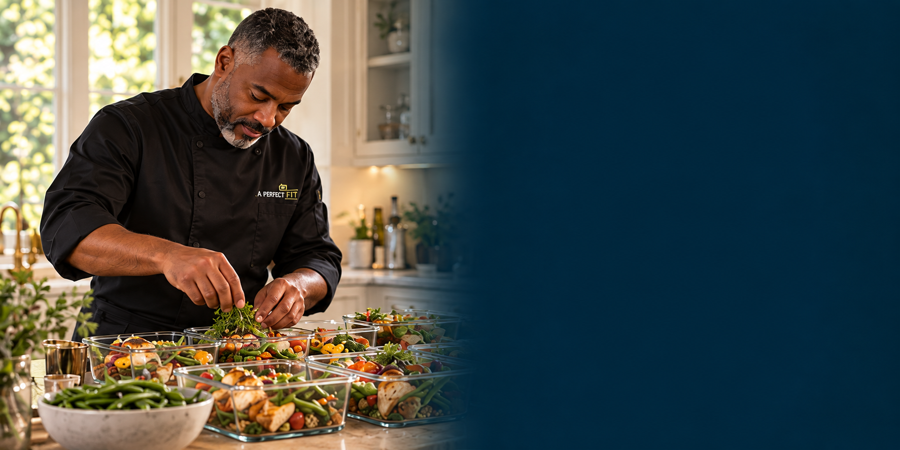 Private chef arranging freshly prepared meals in glass containers