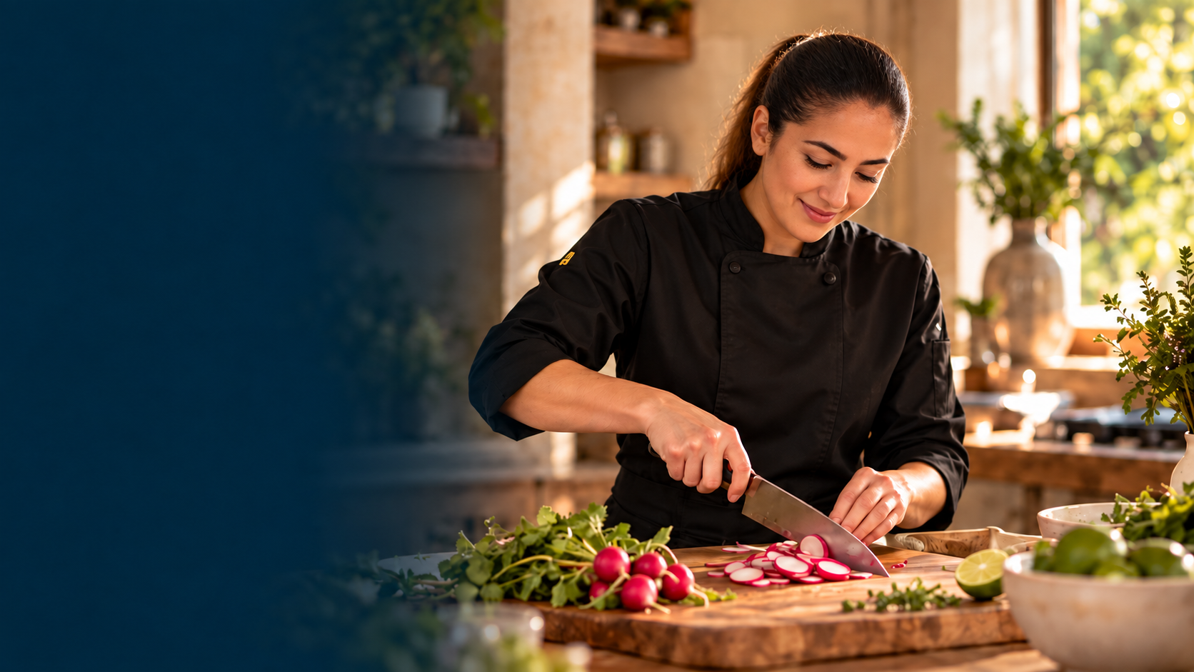 A private chef slicing fresh radishes in an Austin home